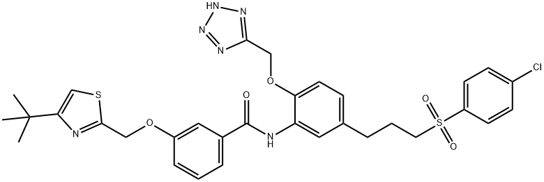 Benzamide, N-[5-[3-[(4-chlorophenyl)sulfonyl]propyl]-2-(2H-tetrazol-5-ylmethoxy)phenyl]-3-[[4-(1,1-dimethylethyl)-2-thiazolyl]methoxy]- Structure