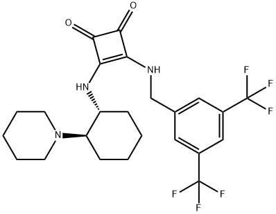 3-((3,5-bis(trifluoromethyl)benzyl)amino)-4-(((1R,2R)-2-(piperidin-1-yl)cyclohexyl)amino)cyclobut-3-ene-1,2-dione Structure