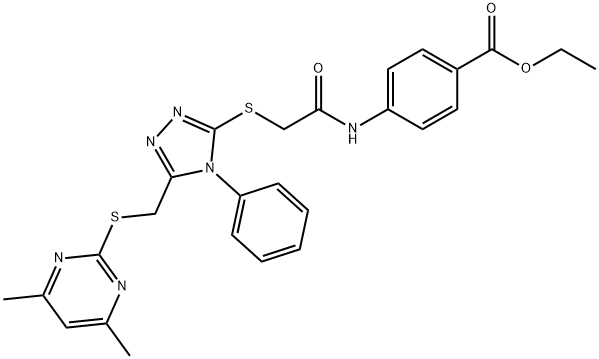 ethyl 4-({[(5-{[(4,6-dimethyl-2-pyrimidinyl)sulfanyl]methyl}-4-phenyl-4H-1,2,4-triazol-3-yl)sulfanyl]acetyl}amino)benzoate Structure