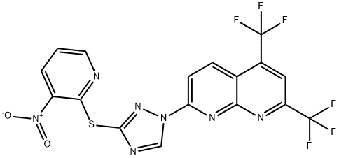 1,8-Naphthyridine,7-[3-[(3-nitro-2-pyridinyl)thio]-1H-1,2,4-triazol-1-yl]-2,4-bis(trifluoromethyl)-(9CI) Structure