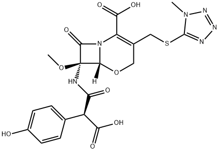 7 beta-(2-carboxy-2-(4-hydroxyphenyl)acetamido)-7 alpha-methoxy-3-(((1-methyl-1H-tetrazol-5-yl)thio)methyl)-1-oxa-1-dethia-3-cephem-4-carboxylic acid Structure