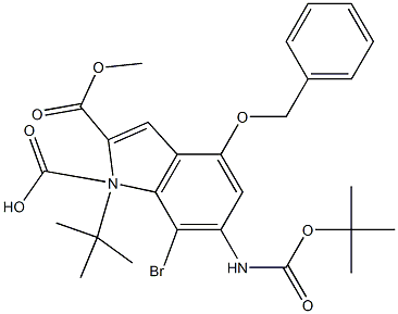 1H-Indole-1,2-dicarboxylic acid, 7-bromo-6-[[(1,1-dimethylethoxy)carbonyl]amino]-4-(phenylmethoxy)-, 1-(1,1-dimethylethyl) 2-methyl ester Structure