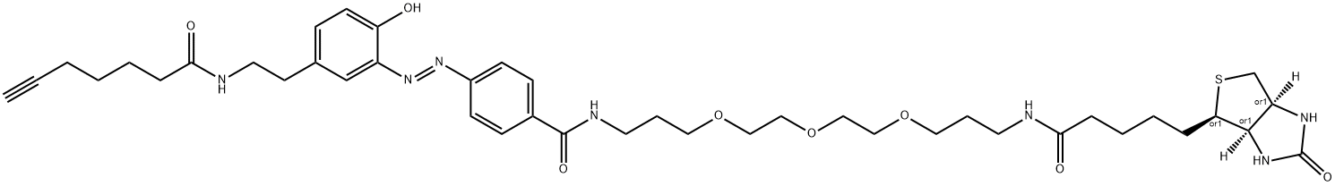 4-((E)-(5-(2-(hept-6-ynamido)ethyl)-2-hydroxyphenyl)diazenyl)-N-(15-oxo-19-((3aS,4S,6aR)-2-oxohexahydro-1H-thieno[3,4-d]imidazol-4-yl)-4,7,10-trioxa-14-azanonadecyl)benzamide Structure