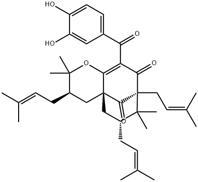 10-(3,4-Dihydroxybenzoyl)-3,4,5,6,7,8-hexahydro-2,2,7,7-tetramethyl-3α,6α,8-tris(3-methyl-2-butenyl)-9H-4aβ,8β-methano-2H-cycloocta[b]pyran-9,11-dione Structure