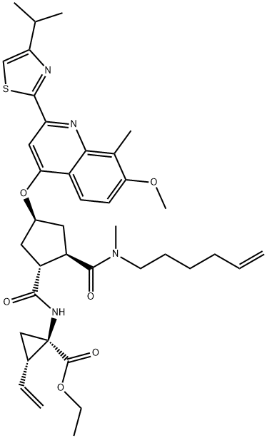 (1R,2S)-2-Ethenyl-1-[[[(1R,2R,4R)-2-[(5-hexen-1-ylmethylamino)carbonyl]-4-[[7-methoxy-8-methyl-2-[4-Isopropyl-thiazol-2-yl]-quinolin-4-yl]oxy]cyclopentyl]carbonyl]amino]cyclopropane-carboxylic acid ethyl este Structure