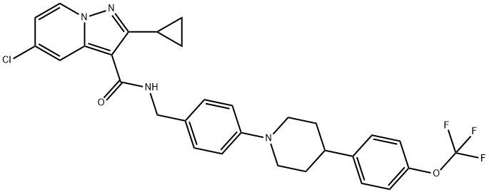 Pyrazolo[1,5-a]pyridine-3-carboxamide, 5-chloro-2-cyclopropyl-N-[[4-[4-[4-(trifluoromethoxy)phenyl]-1-piperidinyl]phenyl]methyl]- Structure