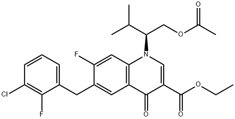 3-Quinolinecarboxylic acid, 1-[(1S)-1-[(acetyloxy)methyl]-2-methylpropyl]-6-[(3-chloro-2-fluorophenyl)methyl]-7-fluoro-1,4-dihydro-4-oxo-, ethyl ester Structure