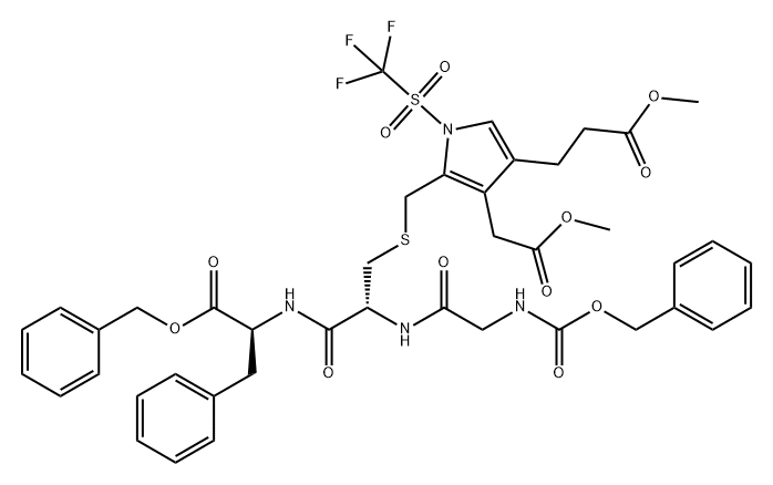 L-Phenylalanine, N-[S-[[3-(2-methoxy-2-oxoethyl)-4-(3-methoxy-3-oxopropyl)-1-[(trifluoromethyl)sulfonyl]-1H-pyrrol-2-yl]methyl]-N-[N-[(phenylmethoxy)carbonyl]glycyl]-L-cysteinyl]-, phenylmethyl ester (9CI) Structure