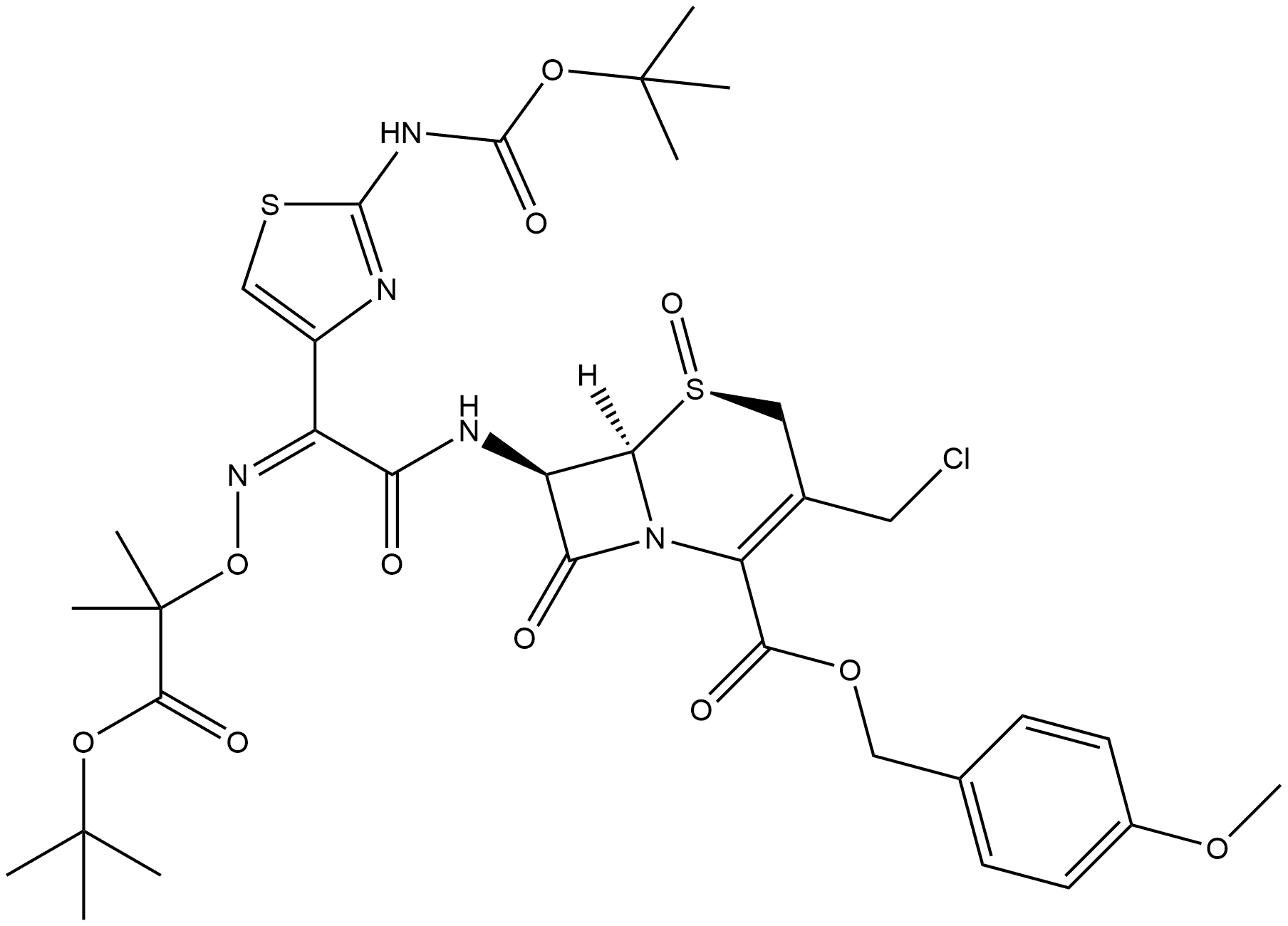 5-Thia-1-azabicyclo[4.2.0]oct-2-ene-2-carboxylic acid, 3-(chloromethyl)-7-[[[2-[[(1,1-dimethylethoxy)carbonyl]amino]-4-thiazolyl][[2-(1,1-dimethylethoxy)-1,1-dimethyl-2-oxoethoxy]imino]acetyl]amino]-8-oxo-, (4-methoxyphenyl)methyl ester, 5-oxide, [5S-[5α,6β,7α(Z)]]- (9CI) Structure