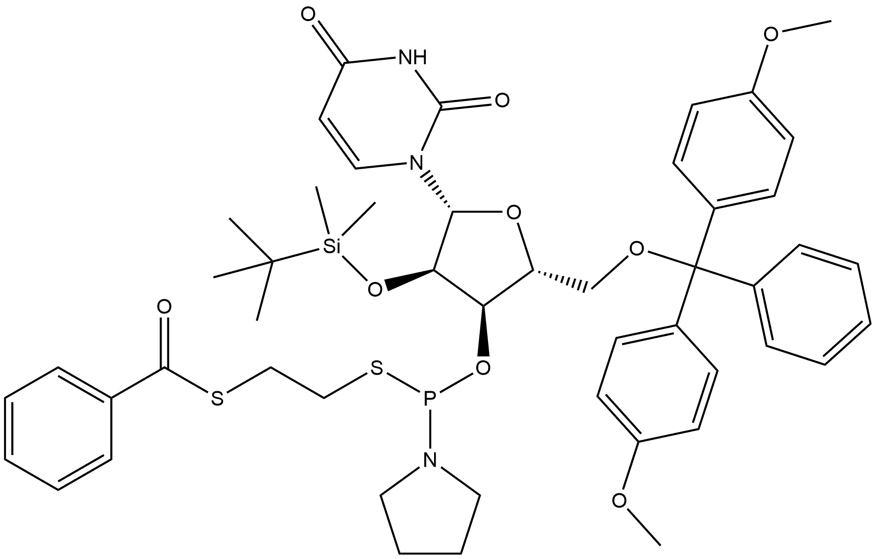Uridine, 5'-O-[bis(4-methoxyphenyl)phenylmethyl]-2'-O-[(1,1-dimethylethyl)dimethylsilyl]-, 3'-[S-[2-(benzoylthio)ethyl] P-1-pyrrolidinylphosphonothioite] Structure