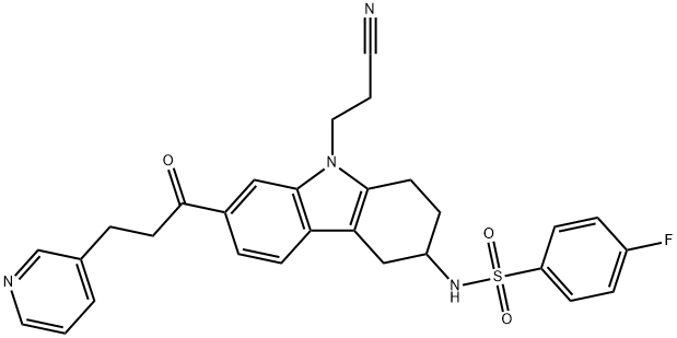 Benzenesulfonamide, N-[9-(2-cyanoethyl)-2,3,4,9-tetrahydro-7-[1-oxo-3-(3-pyridinyl)propyl]-1H-carbazol-3-yl]-4-fluoro- Structure