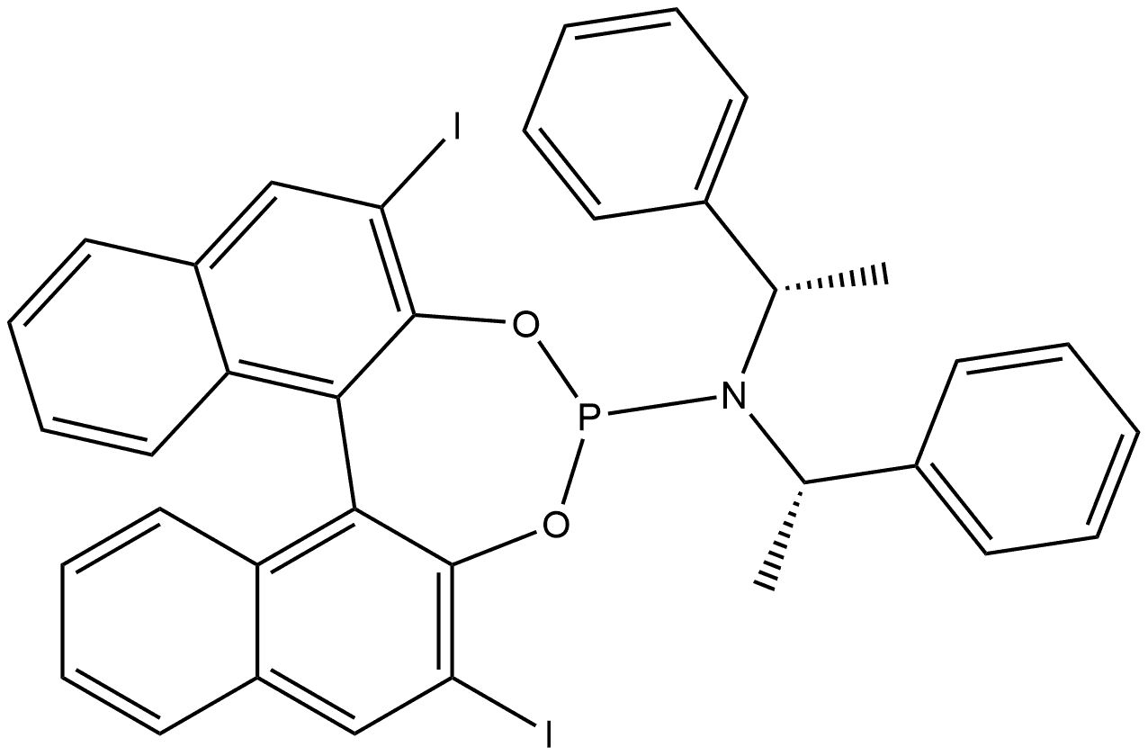 Dinaphtho[2,1-d:1',2'-f][1,3,2]dioxaphosphepin-4-amine, 2,6-diiodo-N,N-bis[(1S)-1-phenylethyl]-, (11bS)- Structure