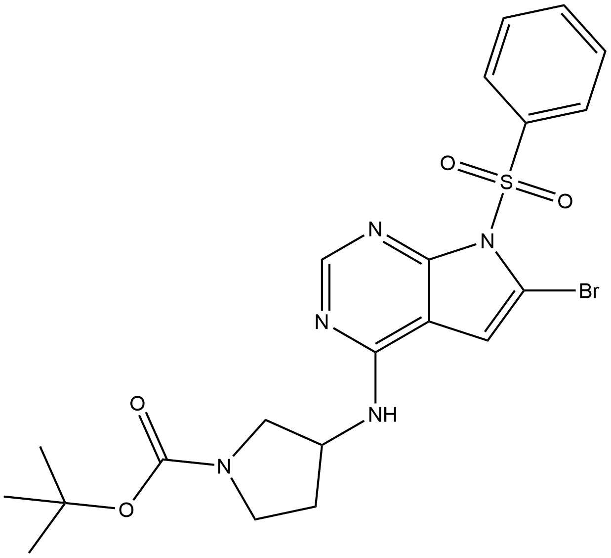 (R)-3-(7-Benzenesulfonyl-6-bromo-7H-pyrrolo[2,3-d]pyrimidin-4-ylamino)-pyrrolidine-1-carboxylic acid tert-butyl ester Structure