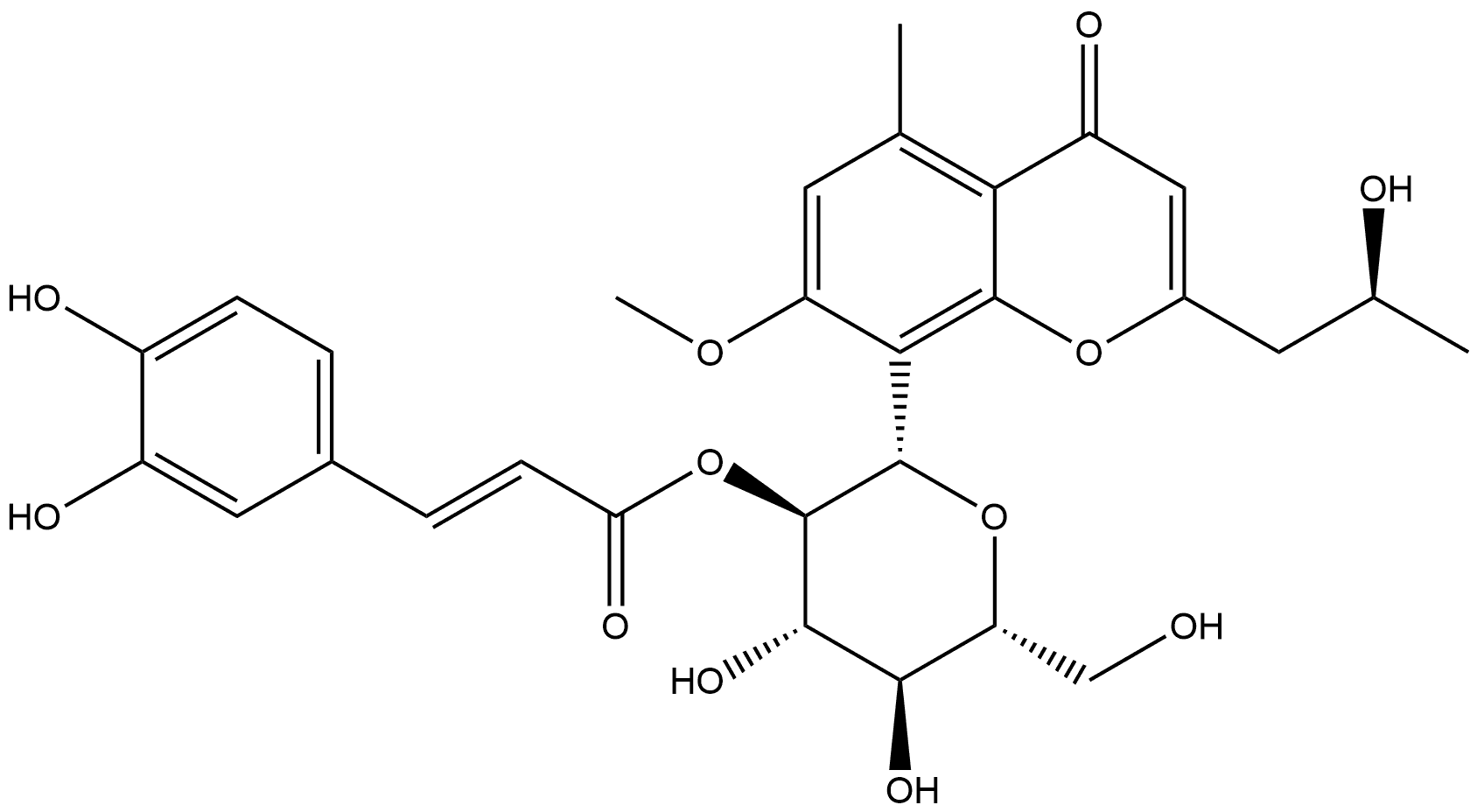 4H-1-Benzopyran-4-one, 8-[2-O-[(2E)-3-(3,4-dihydroxyphenyl)-1-oxo-2-propen-1-yl]-β-D-glucopyranosyl]-2-[(2S)-2-hydroxypropyl]-7-methoxy-5-methyl- Structure