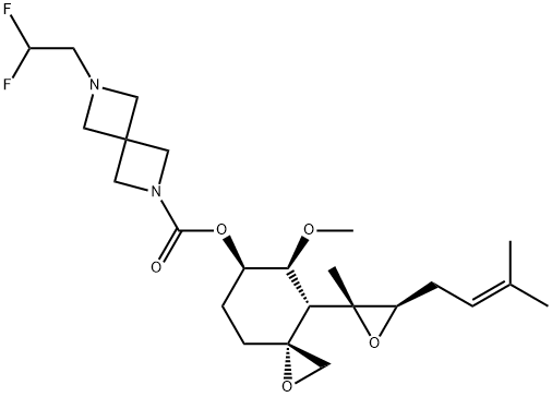 2,6-Diazaspiro[3.3]heptane-2-carboxylic acid, 6-(2,2-difluoroethyl)-, (3R,4S,5S,6R)-5-methoxy-4-[(2R,3R)-2-methyl-3-(3-methyl-2-buten-1-yl)-2-oxiranyl]-1-oxaspiro[2.5]oct-6-yl ester Structure