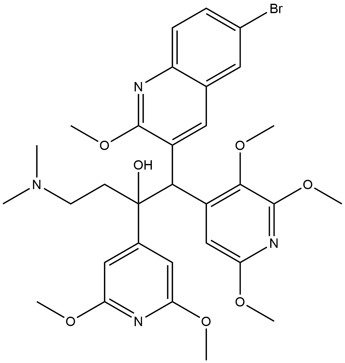 3-Quinolineethanol, 6-bromo-α-(2,6-dimethoxy-4-pyridinyl)-α-[2-(dimethylamino)ethyl]-2-methoxy-β-(2,3,6-trimethoxy-4-pyridinyl)- Structure