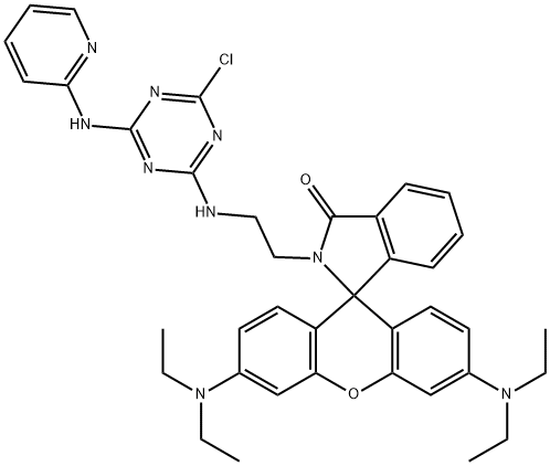 2-[2-({4-chloro-6-[(pyridin-2-yl)amino]-1,3,5-triazin -2-yl}amino)ethyl]-3',6'-bis(diethylamino)-2,3-dihy drospiro[isoindole-1,9'-xanthen]-3-one Structure