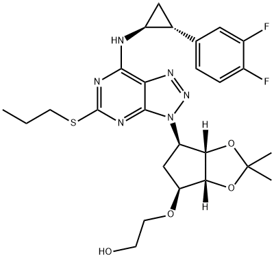 Ethanol, 2-[[(3aR,4S,6R,6aS)-6-[7-[[(1S,2R)-2-(3,4-difluorophenyl)cyclopropyl]amino]-5-(propylthio)-3H-1,2,3-triazolo[4,5-d]pyrimidin-3-yl]tetrahydro-2,2-dimethyl-4H-cyclopenta-1,3-dioxol-4-yl]oxy]- Structure