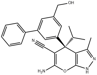 Pyrano[2,3-c]pyrazole-5-carbonitrile, 6-amino-1,4-dihydro-4-[5-(hydroxymethyl)[1,1'-biphenyl]-3-yl]-3-methyl-4-(1-methylethyl)-, (4S)- Structure