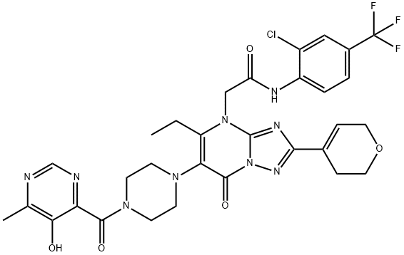 [1,2,4]Triazolo[1,5-a]pyrimidine-4(7H)-acetamide, N-[2-chloro-4-(trifluoromethyl)phenyl]-2-(3,6-dihydro-2H-pyran-4-yl)-5-ethyl-6-[4-[(5-hydroxy-6-methyl-4-pyrimidinyl)carbonyl]-1-piperazinyl]-7-oxo- Structure