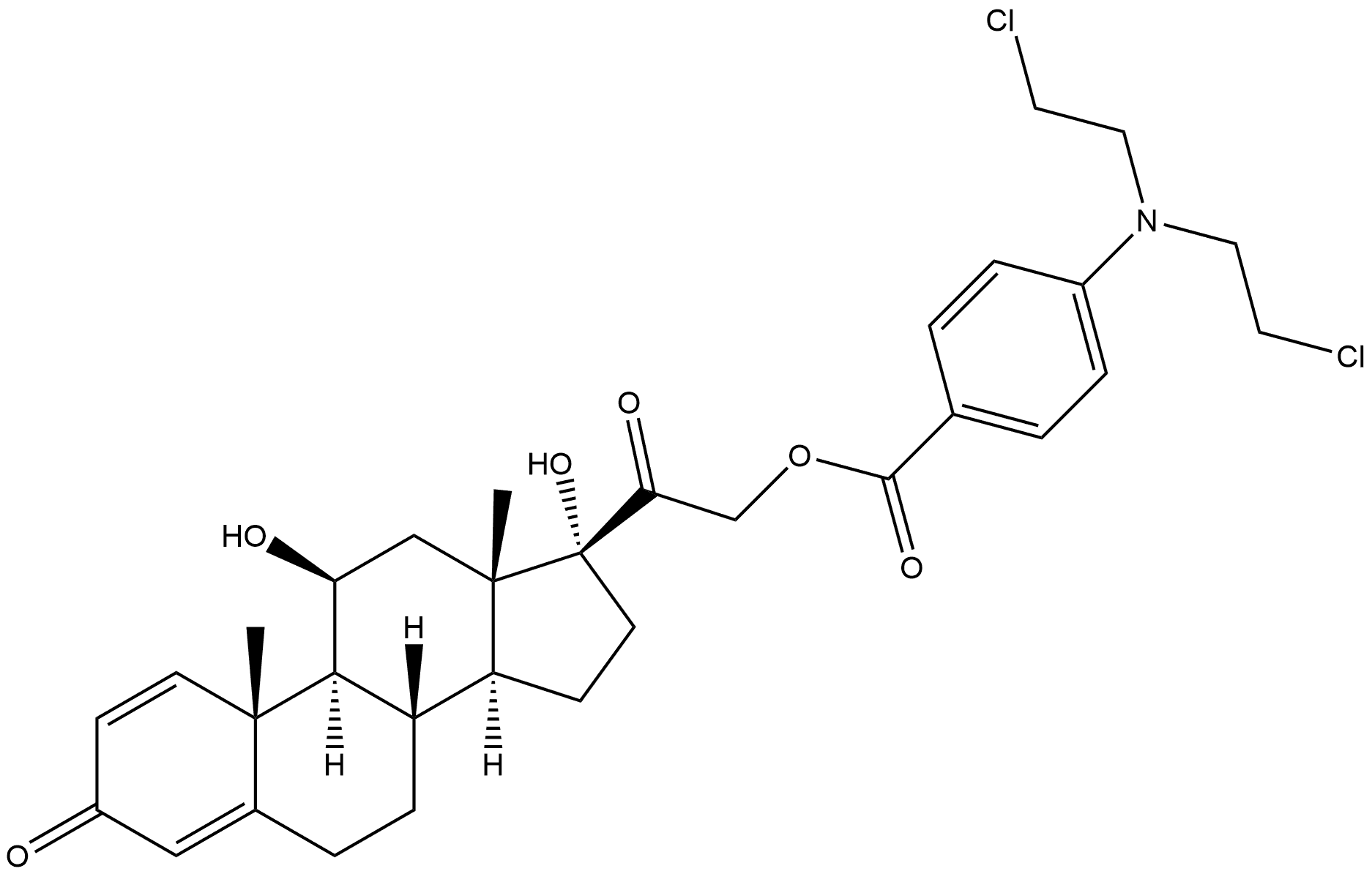 Pregna-1,4-diene-3,20-dione, 21-[[4-[bis(2-chloroethyl)amino]benzoyl]oxy]-11,17-dihydroxy-, (11β)- (9CI) Structure