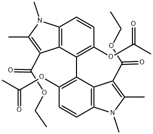 [4,4'-Bi-1H-indole]-3,3'-dicarboxylic acid, 5,5'-bis(acetyloxy)-1,1',2,2'-tetramethyl-, 3,3'-diethyl ester Structure