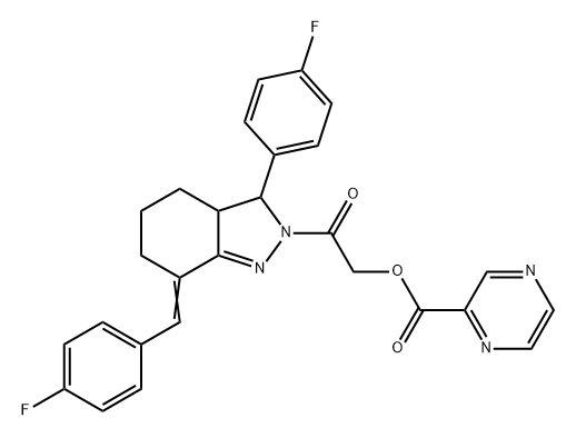 2-Pyrazinecarboxylic acid, 2-[3-(4-fluorophenyl)-7-[(4-fluorophenyl)methylene]-3,3a,4,5,6,7-hexahydro-2H-indazol-2-yl]-2-oxoethyl ester Structure