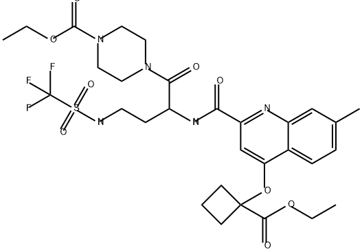 1-Piperazinecarboxylic acid, 4-[2-[[[4-[[1-(ethoxycarbonyl)cyclobutyl]oxy]-7-methyl-2-quinolinyl]carbonyl]amino]-1-oxo-4-[[(trifluoromethyl)sulfonyl]amino]butyl]-, ethyl ester Structure