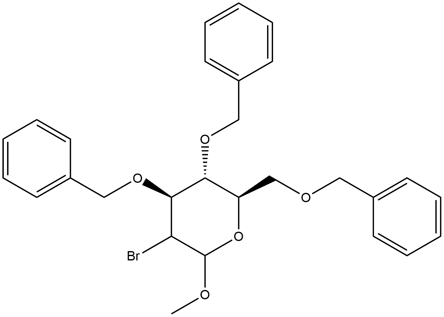 (2ξ)-Methyl 2-bromo-2-deoxy-3,4,6-tris-O-(phenylmethyl)-D-arabino-hexopyranoside Structure
