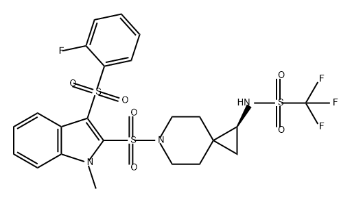 Methanesulfonamide, 1,1,1-trifluoro-N-[(1S)-6-[[3-[(2-fluorophenyl)sulfonyl]-1-methyl-1H-indol-2-yl]sulfonyl]-6-azaspiro[2.5]oct-1-yl]- Structure