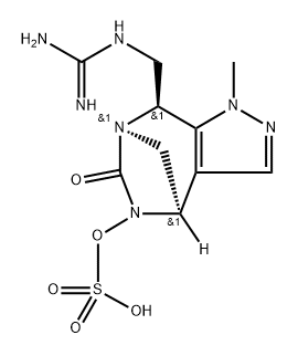 rel-(4R,7R,8S)-8-[[(Aminoiminomethyl)amino] methyl]-4,8-dihydro-1-methyl-6-oxo-1H-4,7- methanopyrazolo[3,4-e][1,3]diazepin-5(6H)-yl hydrogen sulfate Structure