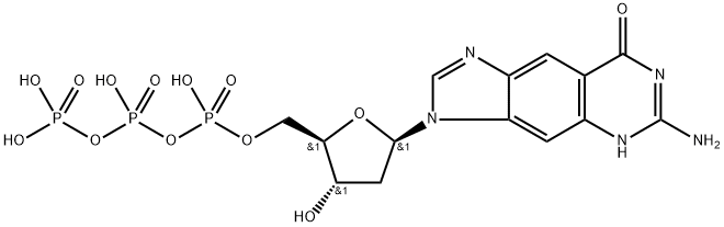 8H-Imidazo[4,5-g]quinazolin-8-one, 6-amino-3-[2-deoxy-5-O-[hydroxy[[hydroxy(phosphonooxy)phosphinyl]oxy]phosphinyl]-β-D-erythro-pentofuranosyl]-3,7-dihydro- Structure