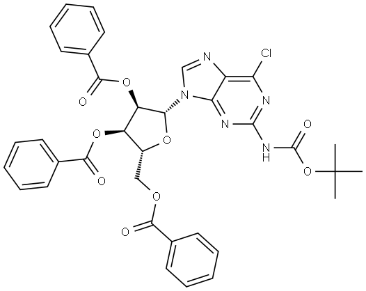 Carbamic acid, N-[6-chloro-9-(2,3,5-tri-O-benzoyl-β-D-ribofuranosyl)-9H-purin-2-yl]-, 1,1-dimethylethyl ester Structure