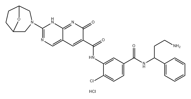 Pyrido[2,3-d]pyrimidine-6-carboxamide, N-[5-[[(3-amino-1-phenylpropyl)amino]carbonyl]-2-chlorophenyl]-7,8-dihydro-2-(8-oxa-3-azabicyclo[3.2.1]oct-3-yl)-7-oxo-, hydrochloride (1:1) Structure