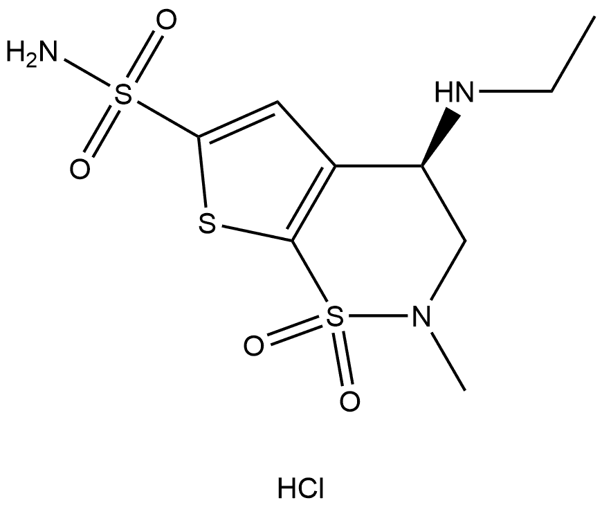 2H-Thieno[3,2-e]-1,2-thiazine-6-sulfonamide, 4-(ethylamino)-3,4-dihydro-2-methyl-, 1,1-dioxide, hydrochloride (1:1), (4R)- Structure