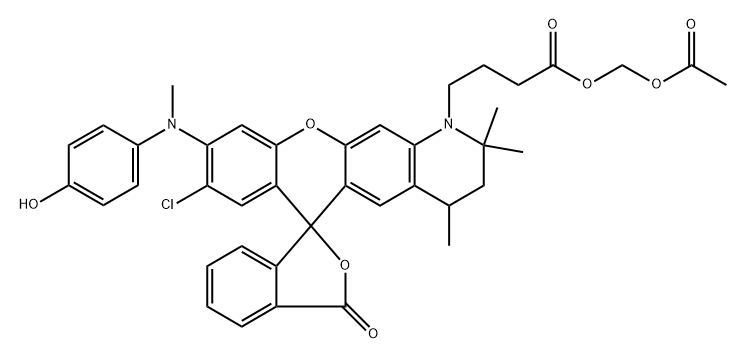 Spiro[6H-[1]benzopyrano[3,2-g]quinoline-6,1'(3'H)-isobenzofuran]-1(2H)-butanoic acid, 8-chloro-3,4-dihydro-9-[(4-hydroxyphenyl)methylamino]-2,2,4-trimethyl-3'-oxo-, (acetyloxy)methyl ester Structure