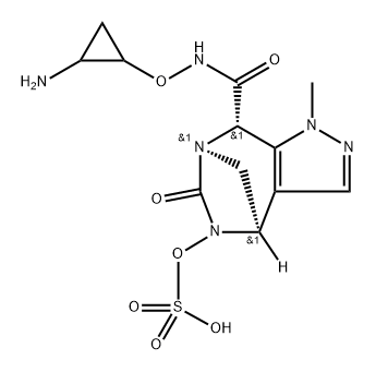 (4R,7R,8S)-N-[(2-Aminocyclopropyl)oxy]-4,5,6, 8-tetrahydro-1-methyl-6-oxo-5-(sulfooxy)-1H4,7-methanopyrazolo[3,4-e][1,3]diazepine-8- carboxamide Structure