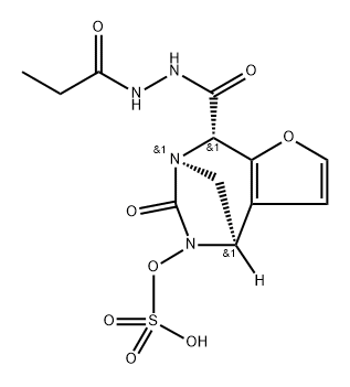 (4R,7R,8S)-4,5,6,8-Tetrahydro-6-oxo-5- (sulfooxy)-4,7-methano-7H-furo[2,3-e][1,3] diazepine-8-carboxylic acid 8-[2-(1-oxopropyl) hydrazide] Structure