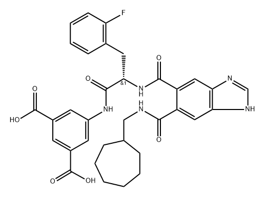 1,3-Benzenedicarboxylic acid, 5-[[(2S)-2-[[[5-[[(cycloheptylmethyl)amino]carbonyl]-1H-benzimidazol-5-yl]carbonyl]amino]-3-(2-fluorophenyl)-1-oxopropyl]amino]- Structure