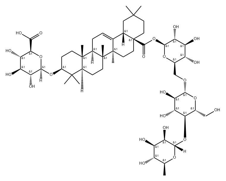 β-D-Glucopyranosiduronic acid, (3β)-28-[(O-6-deoxy-α-L-mannopyranosyl-(1→4)-O-β-D-glucopyranosyl-(1→6)-β-D-glucopyranosyl)oxy]-28-oxoolean-12-en-3-yl Structure