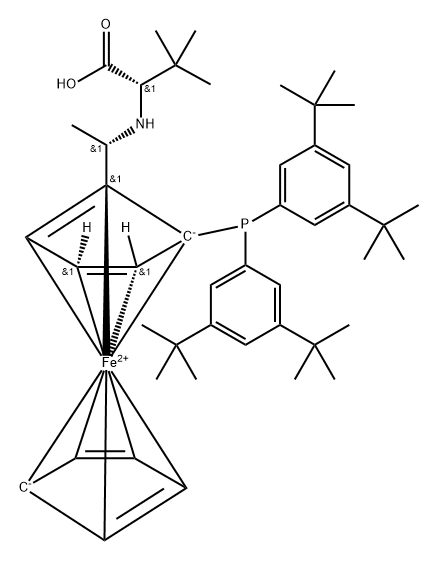 Ferrocene, 1-[bis[3,5-bis(1,1-dimethylethyl)phenyl]phosphino]-2-[(1S)-1-[[(1S)-1-carboxy-2,2-dimethylpropyl]amino]ethyl]-, (1S)- Structure