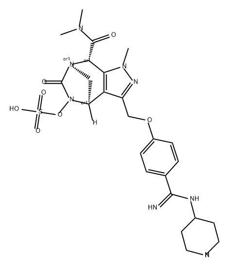rel-(4R,7R,8S)-3-[[4-[Imino(4-piperidinylamino) methyl]phenoxy]methyl]-4,5,6,8-tetrahydro-N, N,1-trimethyl-6-oxo-5-(sulfooxy)-1H-4,7- methanopyrazolo[3,4-e][1,3]diazepine-8- carboxamide Structure