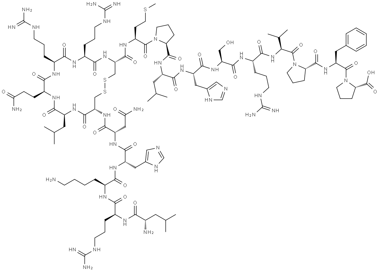 (2S)-1-[(2S)-2-[[(2S)-1-[(2S)-2-[[(2S)-2-[[(2S)-2-[[(2S)-2-[[(2S)-2-[[(2S)-1-[(2S)-2-[[(4R,7S,10S,13S,16S,19R)-19-[[(2S)-4-amino-2-[[(2S)-2-[[(2S)-6-amino-2-[[(2S)-2-[[(2S)-2-amino-4-methylpentanoyl]amino]-5-carbamimidamidopentanoyl]amino]hexanoyl]amino]-3-(1H-imidazol-5-yl)propanoyl]amino]-4-oxobutanoyl]amino]-13-(3-amino-3-oxopropyl)-7,10-bis(3-carbamimidamidopropyl)-16-(2-methylpropyl)-6,9,12,15,18-pentaoxo-1,2-dithia-5,8,11,14,17-pentazacycloicosane-4-carbonyl]amino]-4-methylsulfanylbutanoyl]pyrrolidine-2-carbonyl]amino]-4-methylpentanoyl]amino]-3-(1H-imidazol-5-yl)propanoyl]amino]-3-hydroxypropanoyl]amino]-5-carbamimidamidopentanoyl]amino]-3-methylbutanoyl]pyrrolidine-2-carbonyl]amino]-3-phenylpropanoyl]pyrrolidine-2-carboxylic acid Structure