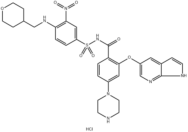 Benzamide, N-[[3-nitro-4-[[(tetrahydro-2H-pyran-4-yl)methyl]amino]phenyl]sulfonyl]-4-(1-piperazinyl)-2-(1H-pyrrolo[2,3-b]pyridin-5-yloxy)-, hydrochloride (1:2) Structure