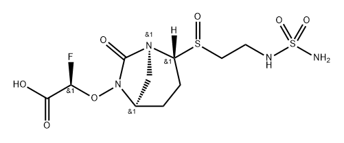 Acetic acid, 2-[[(1S,2R,5R)-2-[(R)-[2-[(aminosu lfonyl)amino]ethyl]sulfinyl]-7-oxo-1,6-diazab icyclo[3.2.1]oct-6-yl]oxy]-2-fluoro-, (2R)- Structure