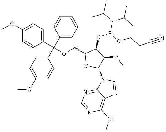Adenosine, 5′-O-[bis(4-methoxyphenyl)phenylmethyl]-N-methyl-2′-O-methyl-, 3′-[2-cyanoethyl N,N-bis(1-methylethyl)phosphoramidite] Structure