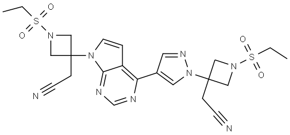 2-(3-(4-(1-(3-(cyanomethyl)-1-(ethylsulfonyl)azetidin-3-yl)-1H-pyrazol-4-yl)-7H-pyrrolo[2,3-d]pyrimidin-7-yl)-1-(ethylsulfonyl)azetidin-3-yl)acetonitrile Structure