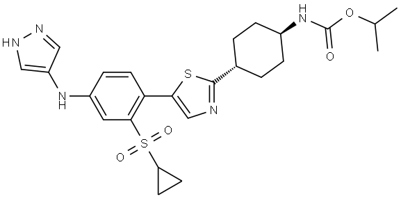 Carbamic acid, N-[trans-4-[5-[2-(cyclopropylsulfonyl)-4-(1H-pyrazol-4-ylamino)phenyl]-2-thiazolyl]cyclohexyl]-, 1-methylethyl ester Structure