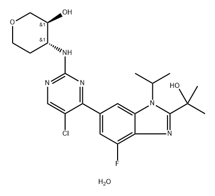 D-threo-Pentitol, 1,5-anhydro-3-[[5-chloro-4-[4-fluoro-2-(1-hydroxy-1-methylethyl)-1-(1-methylethyl)-1H-benzimidazol-6-yl]-2-pyrimidinyl]amino]-2,3-dideoxy-, hydrate (1:1) Structure