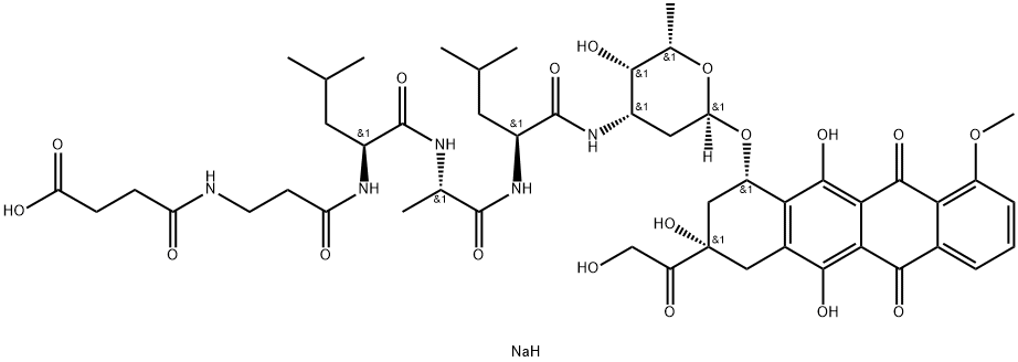 5,12-Naphthacenedione, 10-[[3-[[N-(3-carboxy-1-oxopropyl)-β-alanyl-L-leucyl-L-alanyl-L-leucyl]amino]-2,3,6-trideoxy-α-L-lyxo-hexopyranosyl]oxy]-7,8,9,10-tetrahydro-6,8,11-trihydroxy-8-(hydroxyacetyl)-1-methoxy-, monosodium salt, (8S,10S)- (9CI) Structure